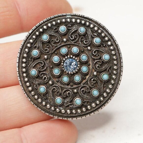 Vintage Celtic Circle Antiqued Silver Pendant Blue Turquoise Stones Gems Round - Picture 3 of 8
